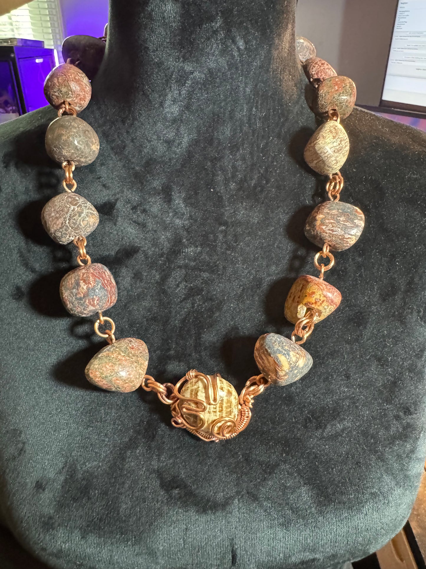 Leopard Skin Jasper & Aragonite Chunky Chain and Bracelet Set
